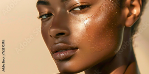 A luxurious skincare product glides across a models face, leaving behind a radiant glow. , advertising style, copy space,