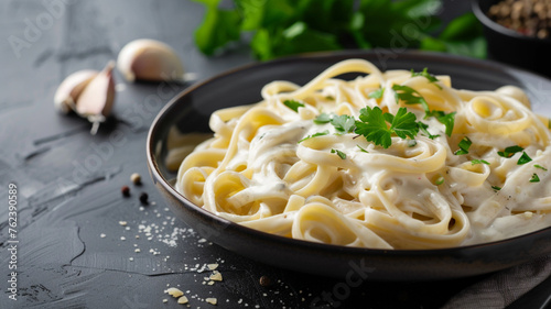 pasta with white sauce, from photo, dark gray background, food photography, food style