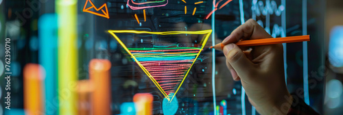 A marketer drawing a diagram of a sales funnel on a glass wall, symbolizing the process of converting leads into customers in client-centric marketing