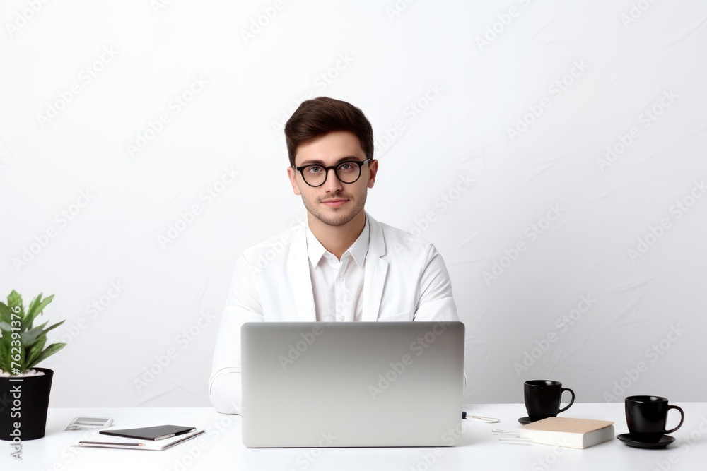 Stylish young businessman working on a laptop in a bright, clean office space, embodying professionalism and focus. Young Entrepreneur at Work in Bright Office