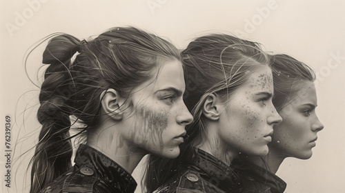 Monochrome portrait of three women with intense expressions, side profiles aligned, against a neutral background. photo