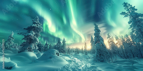 Beautiful Northern Lights Dancing Above Snowy Forest in Finland © SHOTPRIME STUDIO