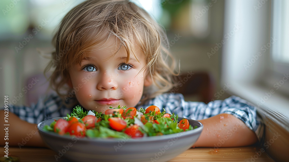 Adorable child with big eyes sitting in front of a healthy salad bowl, looking at the camera with a curious expression. Adorable child with big eyes sitting in front of a healthy salad bowl, looking at the camera with a curious expression.