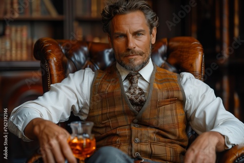 Bearded man in formal wear sitting, sharing a glass of whiskey at an event