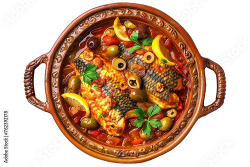 Moroccan-style fish tagine, with tender fish fillets stewed with tomatoes, olives, preserved lemons, and Moroccan spices,  traditional tagine pot on a white background. photo