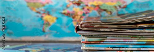 A stack of travel magazines with a world map in the background, inspiring wanderlust