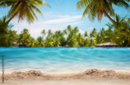 Countertop backdrop featuring a sandy beach with warm turquoise waters and swaying palm trees  perfect for product displays or text overlays. Evokes a tranquil and tropical atmosphere  ideal for promo