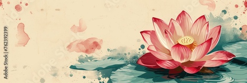 Watercolor illustration of beautiful lotus flower sitting on leaves, design for banner, poster, card and background