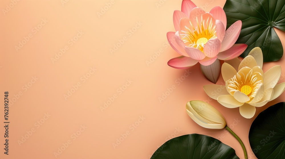 Fototapeta premium Illustration of a beautiful lotus flower on a pink background, design for decoration, banner, poster, card and background