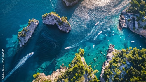 Beautiful aerial view of Capri island, with boat trails on the water