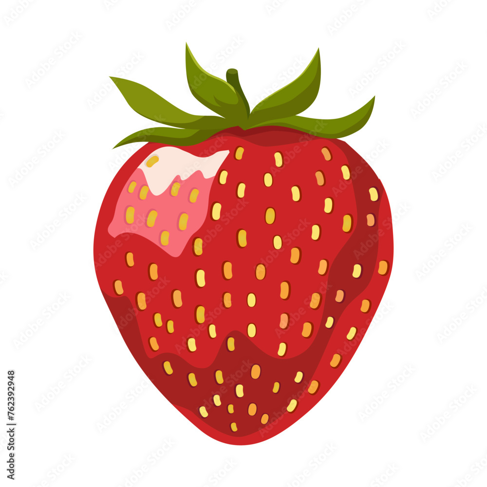 Obraz premium Juicy red single strawberry with leaves. Isolated vector. Summer clipart for flat design