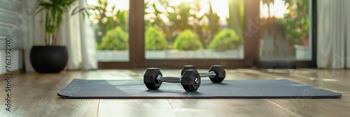 A yoga mat and a set of dumbbells in a home workout space. Copy space.