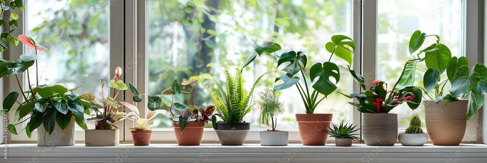 An array of potted plants of different sizes and species arranged on a sunny windowsill, creating a mini indoor garden An array of potted plants of different sizes and species arranged on a sunny windowsill, creating a mini indoor garden