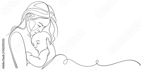 line art drawing of woman is breastfeeding a child drawn picture silhouette. Line art. character mother feeds a newborn baby
