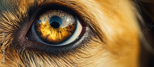 A closeup macro photography shot of a dogs eye showcasing an electric blue iris and eyelash, resembling a beautiful art piece. The wood background adds a terrestrial animal touch to the image photo