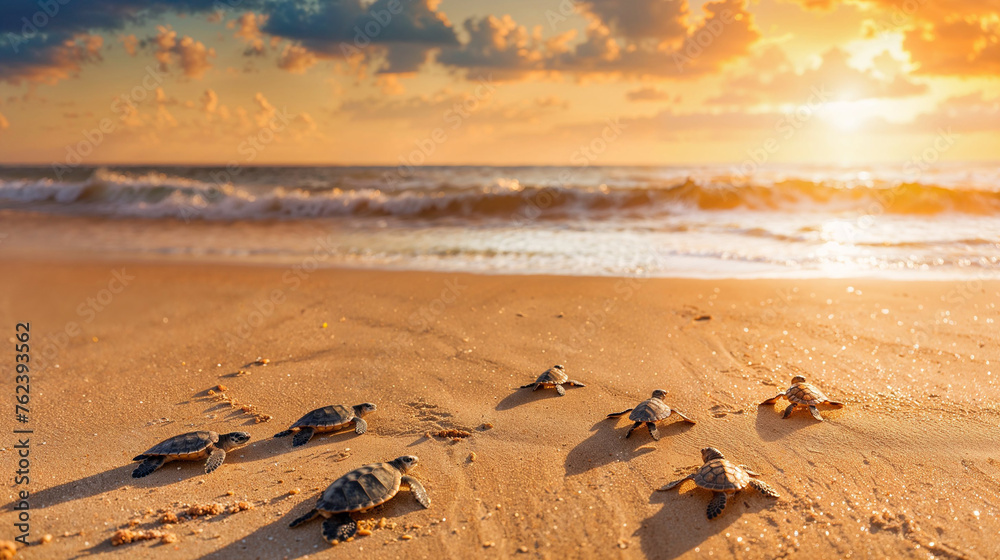 Fototapeta premium Sea turtle hatchlings scurrying across the sandy beach to the sea, golden sunset light