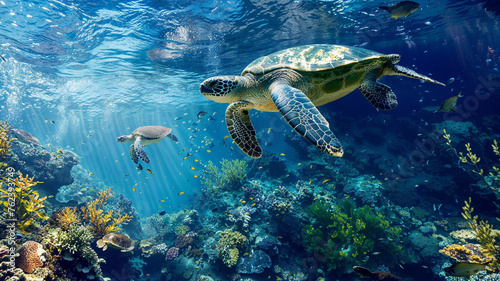 Sea Turtles Gliding through an Underwater Marine Valley