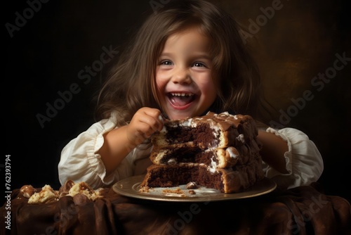 A little girl brings a large piece of delicious cake to her mouth