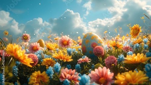Bright Easter eggs nestled among spring meadow flowers.