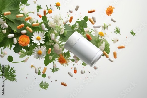 Jar capsule tablet with homeopathic medicine with a set of medicinal herbs. Phytomedicine. Phytopharmacology concept. photo