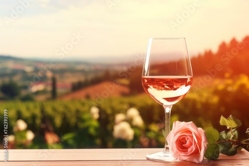 Wine glass with pouring rose wine and vineyard landscape in sunny day. Winemaking concept.