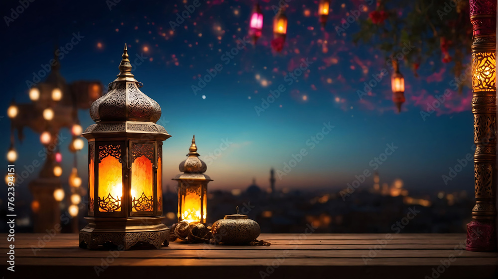 A lantern is placed on a wooden table with a beautiful background for the Muslim feast of the holy month of Ramadan Kareem. A lantern is placed on a wooden table with a beautiful background for the Muslim feast of the holy month of Ramadan Kareem.