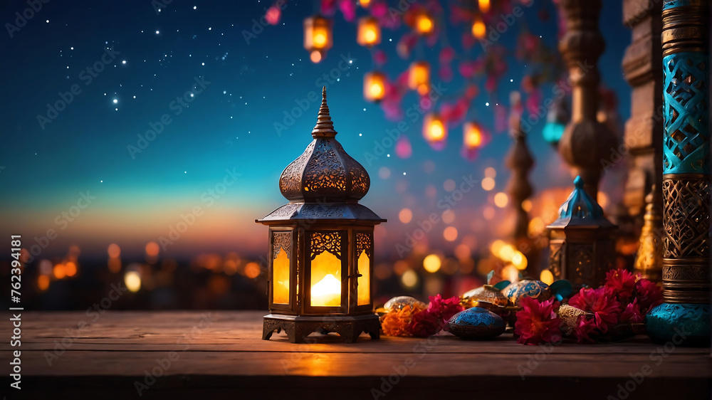 A lantern is placed on a wooden table with a beautiful background for the Muslim feast of the holy month of Ramadan Kareem. A lantern is placed on a wooden table with a beautiful background for the Muslim feast of the holy month of Ramadan Kareem.