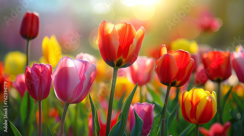 Vibrant tulips bask in the warm glow of the setting sun, showcasing nature's beauty