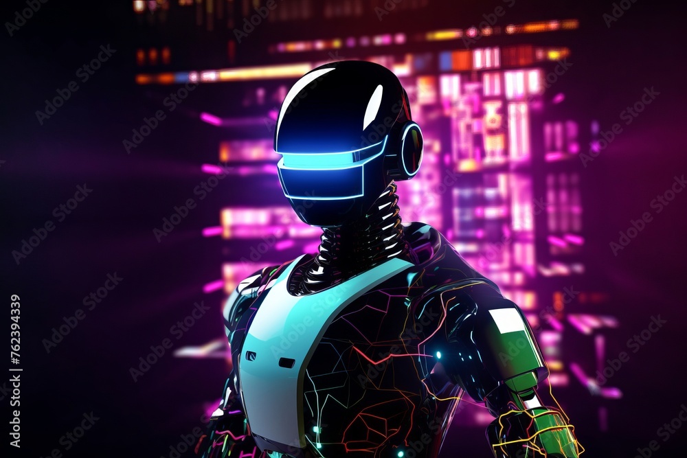 A futuristic robot standing tall in a digital world  neon