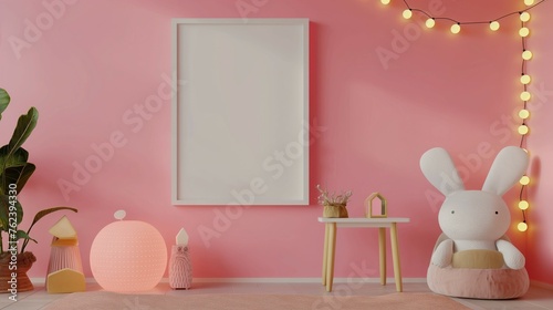 High quality pink wall art frame mockup. Lovely baby room  home interior design  3d rendering