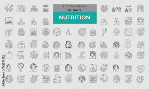 76 Stroke Icons for Nutrition set in line style. Excellent icons collection. Vector illustration.