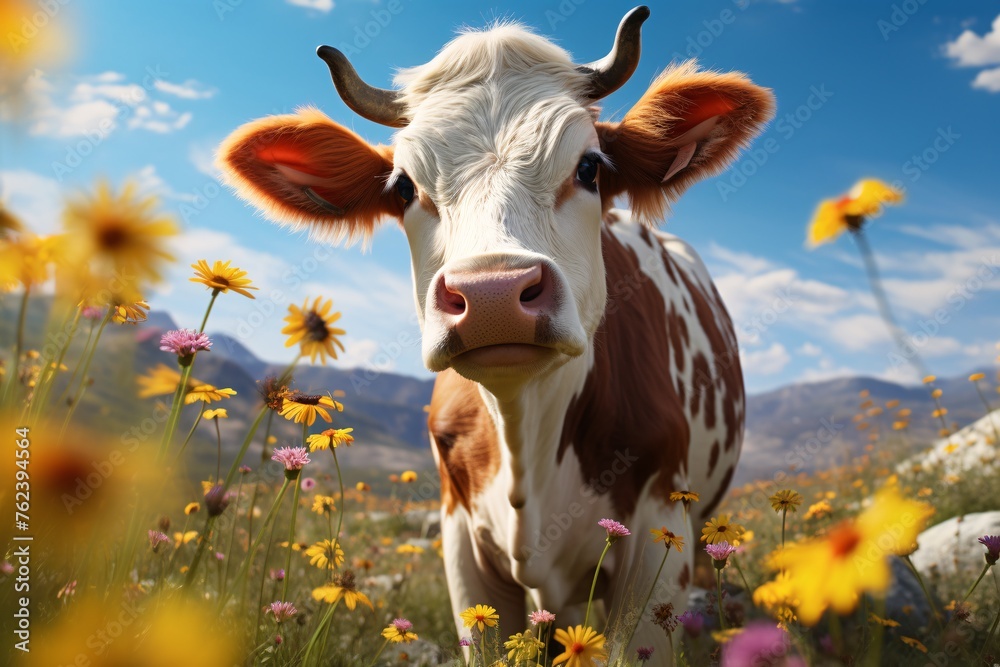 a cow standing in a field of flowers