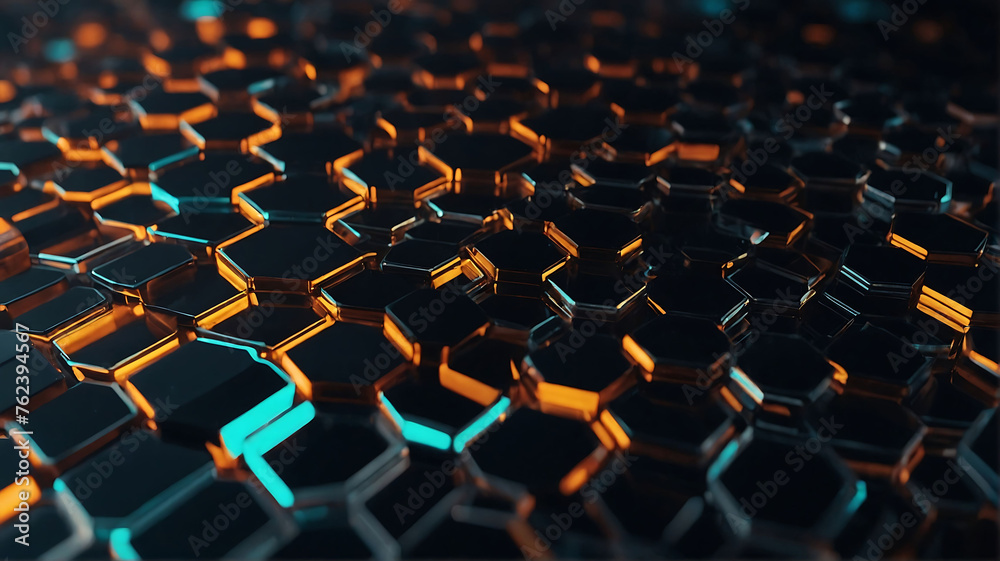 Fototapeta premium Black neon blue and orange neon hexagons background. 3d background
