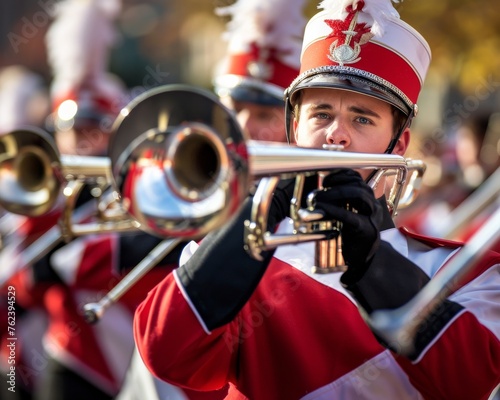 A detailed illustration of marching band members playing their brass instruments