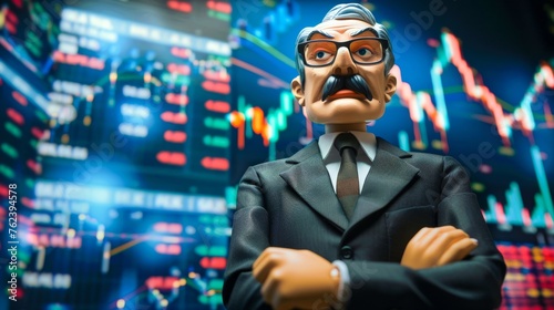 Craft a highly realistic portrait of a business man puppet with a background filled with stock market symbols