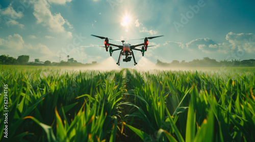 drone spraying on crop field, famer using modern technology for crop maintenance, technology use in agriculture  photo