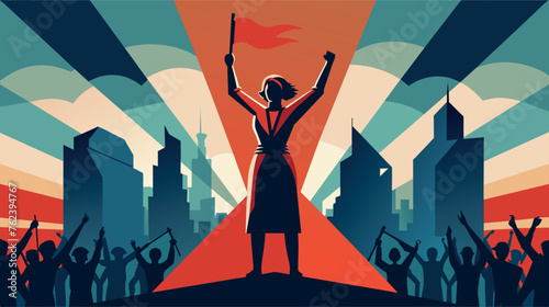Triumphant businesswoman inspiring crowd in city