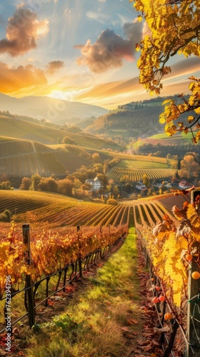 A vineyard in autumn is illuminated by the warm glow of the setting sun. The landscape is filled with rows of grapevines, their leaves beginning to change color. The sky above is painted with hues of  photo