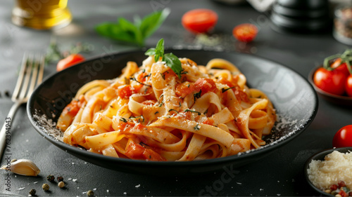 pasta with tomato sauce and mayonnaise with chopped tomatoes, front photo, dark gray background, food photography, food styling