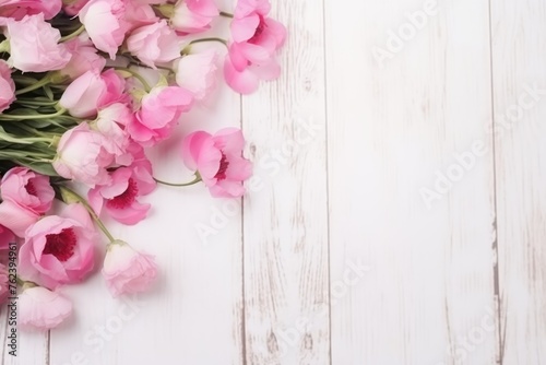 A cascade of delicate pink ranunculus flowers across a bright white wooden background. Pink Ranunculus Flowers on White Wooden Surface © Оксана Олейник