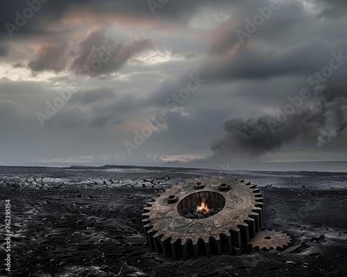 A lone weathered cog sitting on scorched earth