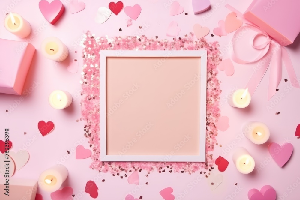 A pink picture frame surrounded by assorted heart decorations, candles, and confetti on a pink background, ideal for Valentine's Day.