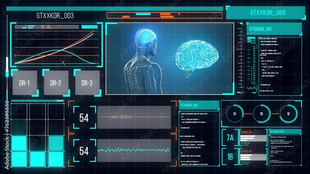 Animation of human brain and digital data processing over screens Animation of human brain and digital data processing over screens