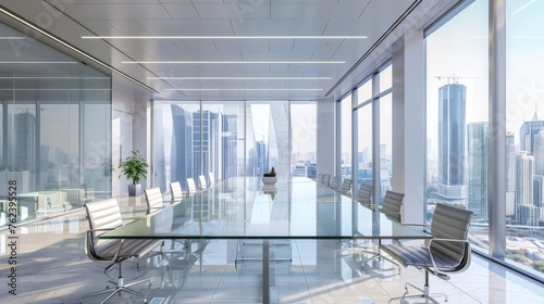 This image features an empty, modern conference room with a sleek glass table surrounded by chairs. The room is well-lit, giving a professional and functional ambiance.
