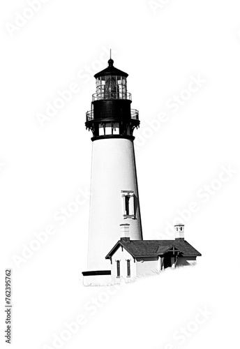 West Coast USA lighthouse, black and white, fresnel lens and keeper house