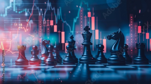 A strategic duel on a chessboard with stock graph scenery where the games tension and market volatility are heightened by thunderclaps
