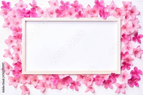 A wooden frame surrounded by vibrant pink flowers on a white wooden background.