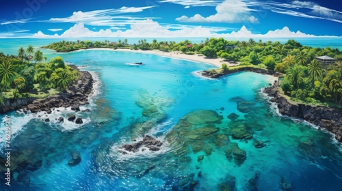 Generative AI A panoramic drone view capturing a picturesque island landscape with palm-lined shores, tranquil bays, and a kaleidoscope of vibrant marine life in the surrounding waters. © vadosloginov