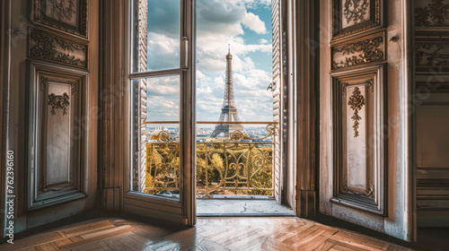 View of the Eiffel Tower and the Seine River through the open balcony window of a vacation rental apartment on the Right Bank in Paris. Travel, real estate in Paris for sale, booking, rent. photo