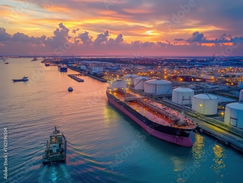 Aerial view of a busy industrial harbor at sunset, with colorful skies and illuminated infrastructure.